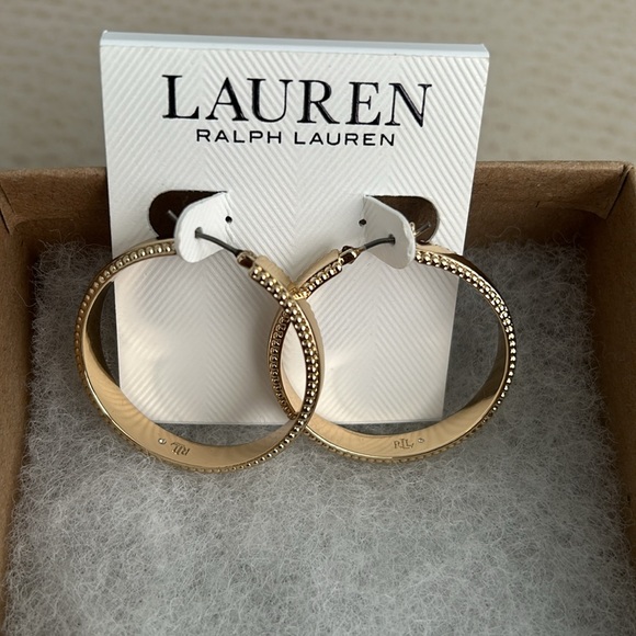 Lauren Ralph Lauren Gold-Tone Medium Textured Edge Hoop Earrings, 1.3" - Picture 8 of 11